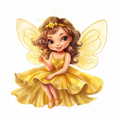 a picture of a cute, glittery fairy in a beautiful, sparkly yellow dress with wings sitting and happy knowing her friends love her for clipart on a white background