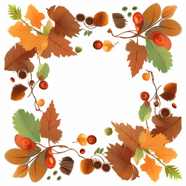 Create Separate Single Clip Art, Simplistic, Thick Natural Branches with Fall Leafs and Acorns AS a full Picture frame, Isolated and separated on WHITE Background, 2D, vector flat, clip art, No Gradients