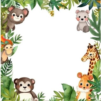 create a digital clipart frame of jungle baby animals and forest, white background, 4k