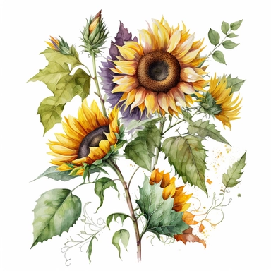 watercolor clipart illustration of a sunflower bundle. Use warm, vibrant colors and make the overall style of the illustration cheerful and uplifting. All white background.