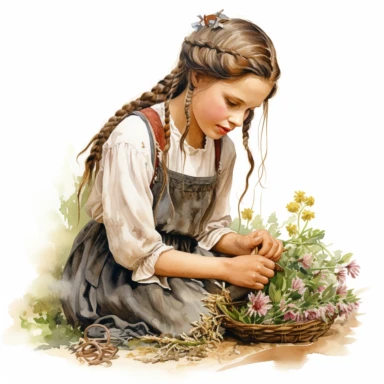 a nativ american girl with braids tending to her flowers watercolor ink clipart high detail