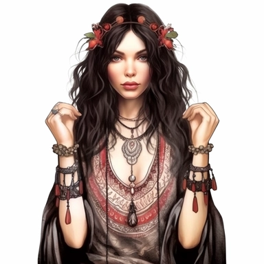 boho woman, modern, fair skin and black hair, semi-realistic, spiritual, witchy, clipart, fantasy, white background, high quality, beautifully accurate illustrations