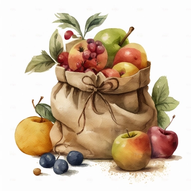 fruit in a burlap sack, watercolor clipart, transparent background
