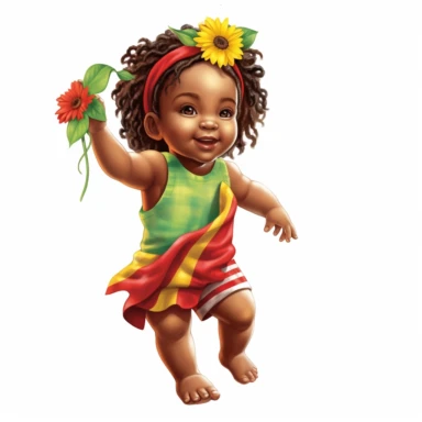 Happy baby juneteenth girl with red, green, yellow cloths and flower, full body, hand draw Illustration clipart, 4K, extremely detailed