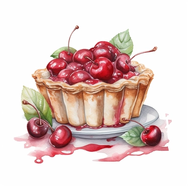 Watercolour of cherry Pie , Clipart,Cartoon,hyper realistic, intricate detail isolated on a white background, high quality, sublimation, detailed, cartoon style