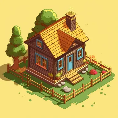 clipart, small wooden country house on one floor, isometric, bright colors, high detail, digital art