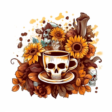 vector art of sunflowers, skulls, and coffee, flourish with coffee swirls and coffee beans clip art with white background