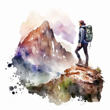 clipart, watercolor, hiker at the top of a beautiful landscape, clean white background