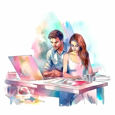 Vector clipart, isolated on white background, Watercolor, a beautiful couple sitting at an organized desk in a living room filling joint tax return on a large computer screen with pay slips and bills above the desk, pastel and saturated colors