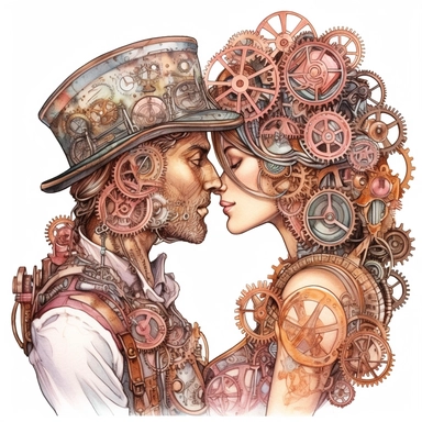 A steampunk couple locked in a tender embrace, their eyes closed as their lips meet for their first kiss, the gears and cogs around them whirling in delight. Ultra high quality, intricate detail, retro - futurism, pastel clipart, white background