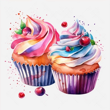 Cupcakes, water color style, clipart, white background transparent background