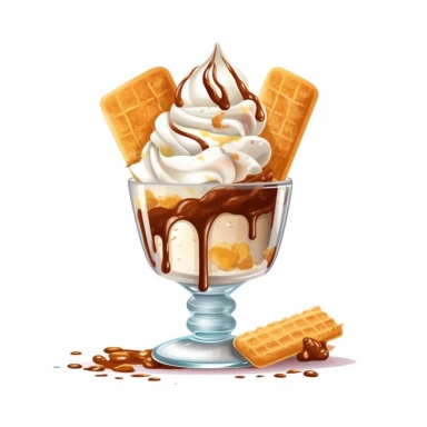 ice cream in transparent glass with cookies whipped cream syrup chocolate sticks candies digital clipart on white background