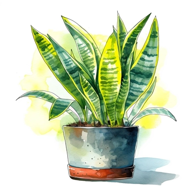 A vibrant watercolor clipart image capturing the allure of a Snake Plant. The artwork portrays the striking leaves of the Snake Plant, with their vertical growth and unique patterns. The watercolor technique adds depth and dimension to the illustration, showcasing the varying shades of green and yellow. The artist's brushstrokes create a sense of movement and energy, as if the plant is alive and thriving. This captivating clipart is perfect for designs that aim to evoke a sense of vitality and n