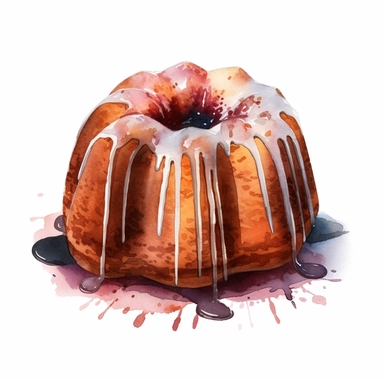 watercolour bundt cake, clipart on white background, no watermark, highly detailed, professional color gradation, clean sharpness