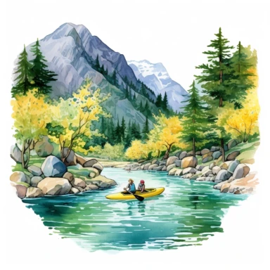 professional gouache hand-painted illustration of Mountain River in the middle surround by trees, flowers, plants, two people kayaking on the river, spring, focus on the mountain, Landscape clipart, hiking, nature, camping, white background, natural form, very detailed, deep colour, 8k