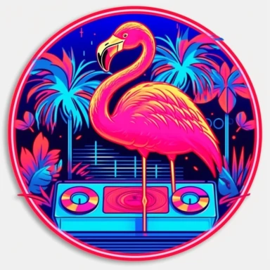 A hypnotizing sticker design, featuring a quirky, neon pink and electric blue, cartoon flamingo DJ, spinning records in a tropical nightclub, embodying the vibes of discowave, junglepunk, rhythmcore, luminous outlines, plush avian art, scattered vinyl record symbols, intricately detailed groovy lines, vector rendering, dancefloor masterpiece, club scene photography, vibrant, neon palm background, isometric perspective, energetic vector, clipart, illustration, club scene realism, 4k brilliance, c