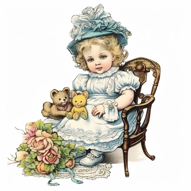 Victorian baby and nursery, Clipart, black outline, white background, colored pencil