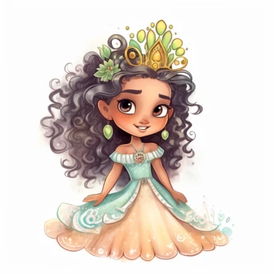 a happy latin american fairy who has big beautiful eyes and long hair, she wears a frilly ball gown and a tiara. Cut out clipart, watercolors, no shading