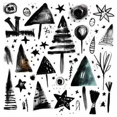 a collection of clipart, black inky brushstroke outline shapes on a white background, simple arrows, faces, triangles, stars