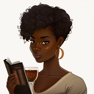 gorgeous black woman clipart, reading a book while sipping a cocktail, pixie cut hairstyle, brown blouse, dark brown skinned, melanin, white background--v 5