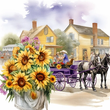 a country small town parade from the early 20th century with one wagon full of sunflowers and lavender watercolor clipart no fonts no letters no words