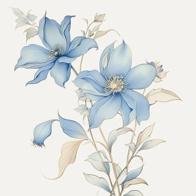 An illustration of blue flower clipart, reminiscent of the delicate and intricate botanical drawings by Beatrix Potter. Exquisite blue blossoms, meticulously rendered with fine details and graceful lines. The flowers exude a sense of elegance and serenity, capturing the beauty of nature. Cool color temperature enhances the calming atmosphere. Soft, diffused lighting adds a touch of softness, highlighting the delicate petals.