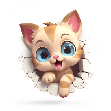 clipart, cute kawaii kitten sticking his head out of a hole in the wall, isolated on a white background, cartoon style, chibi style, vector, 3D, no shadows