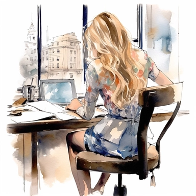 watercolor clipart of detailed high fashion campaign image, female model, long blonde hair, beautiful, she is sketching architectural drawings in an office place, you cant see her face its shot from the back of her, shot in the style of giampaolo sgura, you can see the model from head to toe, the camera angle is wide shot