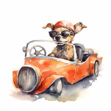 a dog driving a sports car, watercolour, clipart, white background