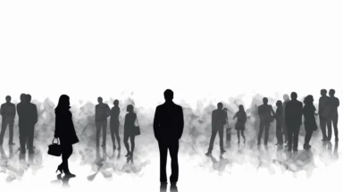 50% grey silhouttes of people mingling about aimlessly, moving off into the background toward the distant horizon, on a white background, clip art style, illustration style,