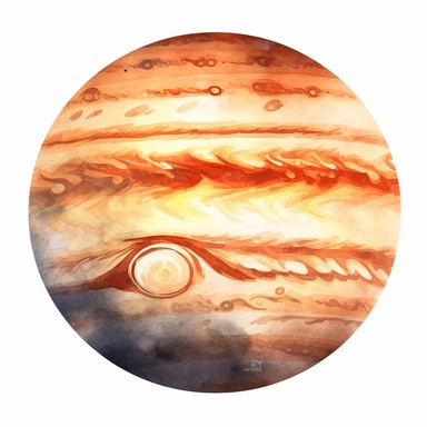 Clipart, watercolor, white background: Craft a captivating clipart of Jupiter, the largest planet, showcasing its distinct bands of clouds, vibrant colors, and the awe-inspiring Great Red Spot