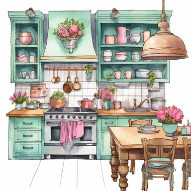 Make a clipart of a watercolor french country kitchen with bright pastel colors of turquoise and green, pink roses, gold accents, black outlines, hd, white background