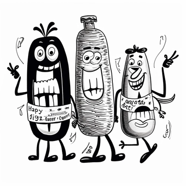 Hanna-Barbera illustrated Drunk Sausages, retro drunk character illustration, Volk Clip Books of Line Art, retro Frankfurters illustration, retro illustration, doodle art, design, line art, minimal character design, tattoo flash design, vintage Frankfurters illustration, black line, white background, 32K, retro illustration, retro advert illustration, black and white, minimal