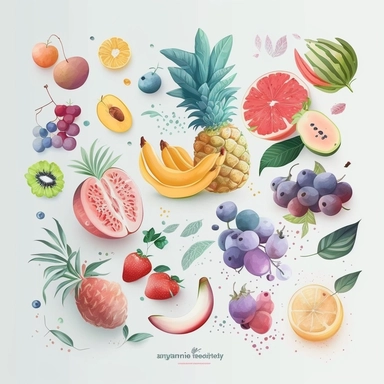 Clipart set of summer fruits, eye-catching composition, modern, free brushwork, white background, pastel colors