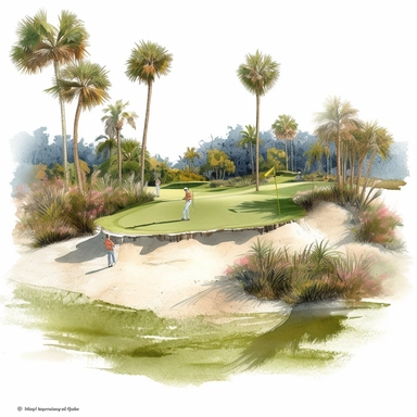 Idyllic watercolor clipart of a Florida golf course sand trap scene with 3 golfers in Springtime, isolated on a pure white background, insane detail,