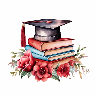 watercolour red graduation cap on top of books with flowers clipart, white background, no text