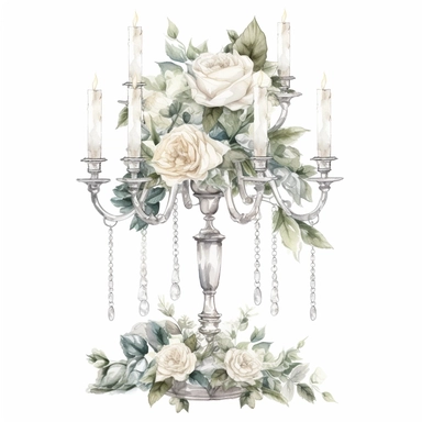 Hand drawn tall 3 tiered crystal candelabra wedding centerpiece, white roses and white flowers with greenery, sparkly crystals, glamorous, very detailed and realistic, watercolor, clipart style, white background with margins