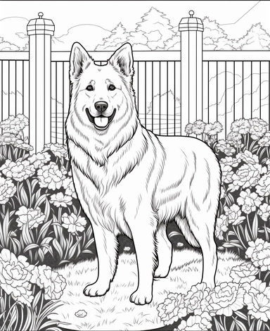 Expert coloring page style German Shepherd Dog breed Clipart, realistic, simple Japanese Garden background, simple line art, line is crisp and clean, easy to color