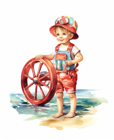 watercolor baby boy vintage lifeguard clipart , detailed character illustrations, graphic vector design, colorful, isolated on white background