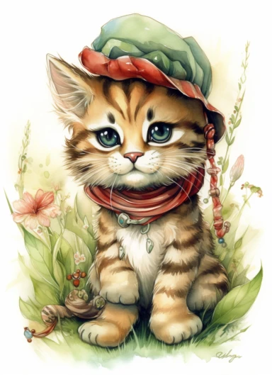 clipart,a cute little tiger in a field with bonnet on its head wearing necklace ,in the style of jody bergsma, 32k uhd, hand-painted details, charming character illustrations, dark brown and light beige,red/green, aquarellist, hd , white background clipart