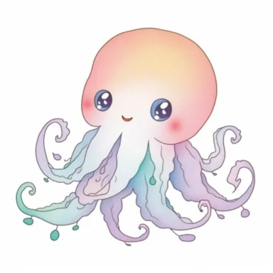 watercolor clipart with white background, cute octopus swimming, nursery wall art, pastel colors, simple cartoon style, streamlined tentacle outline, flat design, clearly defined separated image, high quality