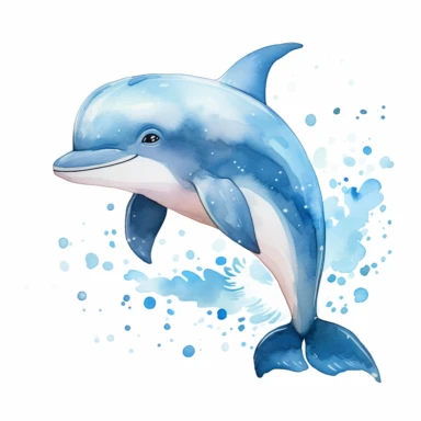 Create a watercolor clipart illustration of a gentle, cute and adorable dolphin. Emphasize its cute features, such as large eyes, a sweet smile, and soft, rounded tentacles. Use a soft and delicate color palette, with subtle shades and pastel tones. The clipart must be on a solid white background to capture the softness and charm of the character