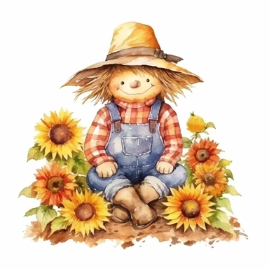 watercolour cute and friendly scarecrow in a flower bed, clipart on white background, no watermark, highly detailed, professional color gradation, clean sharpness