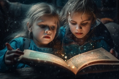 a boy and a girl, they are brother and sister, reading together side by side,are reading a book in the genre of combat marine fantasy, magical magical very very fine sparkling dust small colored sparks from the book, a watercolor clipart, Sharp focus + Close-up textures + Hyper-realistic textures, Color contrast, Precise details, Complexity, hdr. 8k