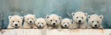 a row of cute miniature polar bear cubs, a collage of mixed media art made with tissue paper, magazine and newspaper clippings, oil paint, graphite pencil lines and fabric, in the style of playful surrealism, whimsical, washi tape