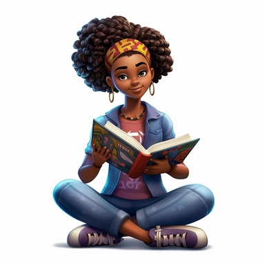 3D toy of a young happy black Afrocentric girl wearing a Ankara print school uniform outfit sitting down reading a book in a Classroom in the style of boondocks in the style of marvel comics cartoon with white background can't believe how beautiful this is clipart, graphic vector