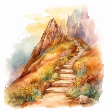 loose watercolor pencil sketch of hiking trail going up a mountain, clipart set, charming magical, warm colors, in the style of rhads, transparent layers, i can't believe how beautiful this is, natural light, illustration, white background