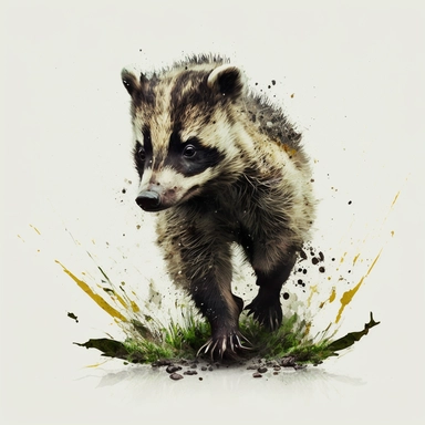 Woodland Animal Clipart Watercolor, cute, lovely, happy, funny, friendly full body furry baby badger running, shown sideways, emotive eyes, intense gaze, looking straight, white background, no plants, no grass, nursery clipart