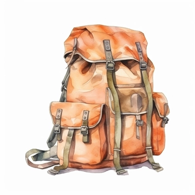 Watercolor backpack for camping clipart, realistic and highly detailed, on white background, HQ, HD