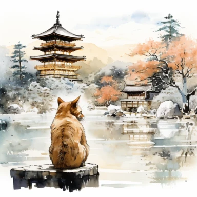Ragdoll Cat wearing a Japanese kimono wanders by the lake in front of Kinkakuji (Golden Pavilion) Temple in Kyoto, admires the golden architecture in contrast with the snowy white scenery. Clipart Watercolor By Yuzo Komori. clean line, on white background only, spaced out, with space around.